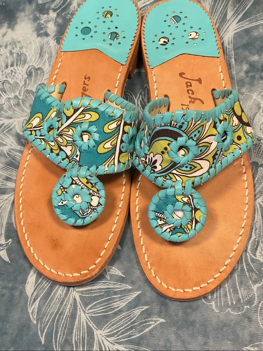 Jack Rogers Turquoise Floral Pattern Leather Thong Sandals - Picture 4 of 6